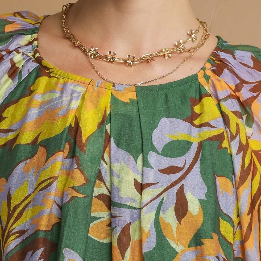 Umgee Retro Abstract Shirt Pleated 70s Round Neck Top Long Balloon Sleeve Blouse - Picture 10 of 16